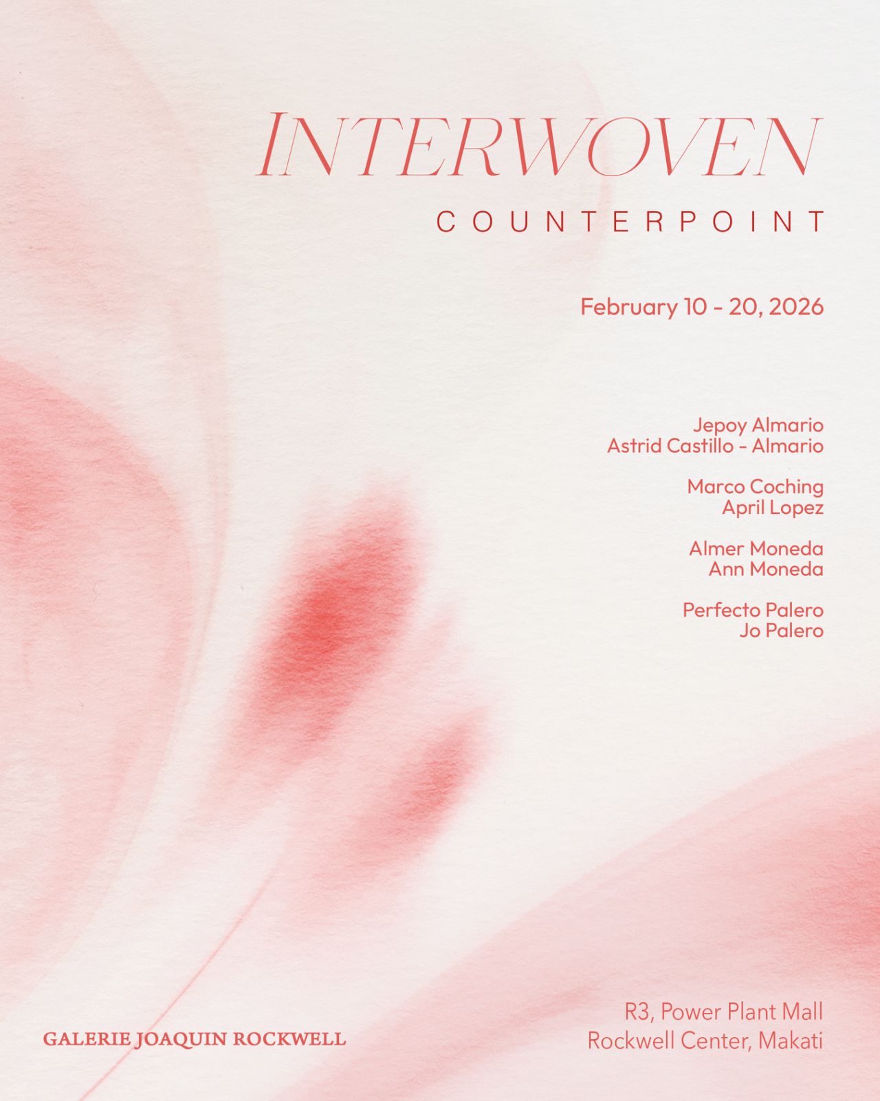 Interwoven: Counterpoint, April Lopez, Marco Coching, Almer Moneda, Ann Moneda, Jepoy Almario, Astrid Castillo, Joan Palero, Perfecto Palero Jr. 